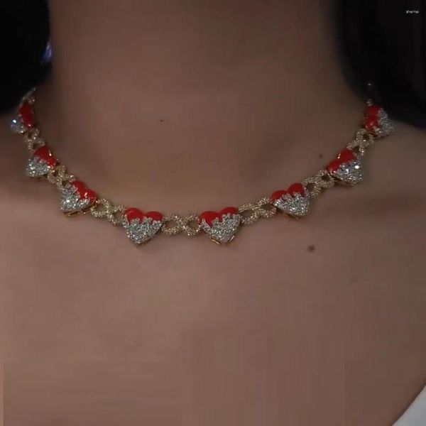 Halsband, rote Emaille, tropfender herzförmiger Charme, Micro Pave CZ, Unendlichkeitskette, Hip Hop, vergoldet, hochwertige Damen-Halskette