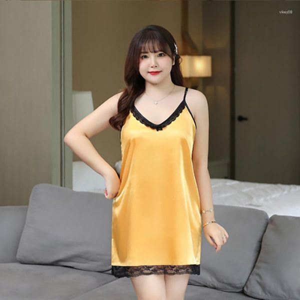 Mulheres sleepwear tamanho grande mulheres sexy lingerie renda cetim seda sono vestido nightwear sem mangas nighties verão fino v-neck nightgowns