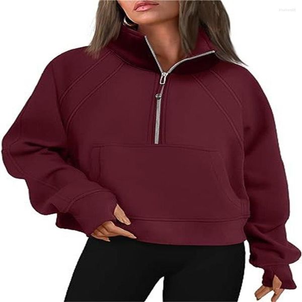 Hoodies femininos moda europa-eua estilo esporte feminino cor pura meio zíper inserção bolso polegar buraco fino moletom com capuz S-2XL