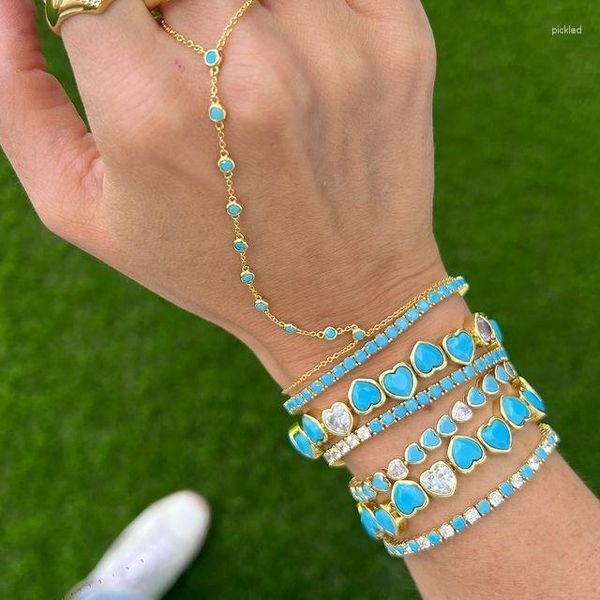 Charm-Armbänder, Top-Qualität, funkelnder Bling, 5A, kubischer Zirkon, CZ, blauer Türkis, runder Tennis-Damen-Armband