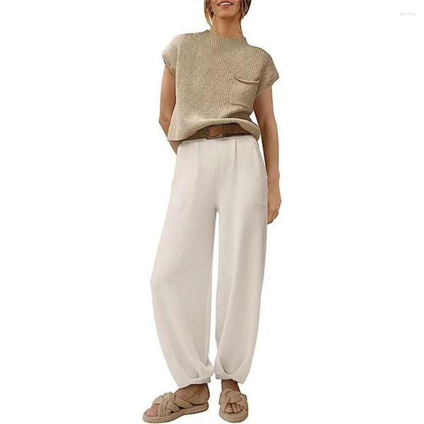 Женские трикотажные брюки из двух предметов, 2 комплекта, женская одежда, осенне-зимняя одежда, элегантный роскошный вязаный крючком свитер, топ, комплект с длинными брюками для