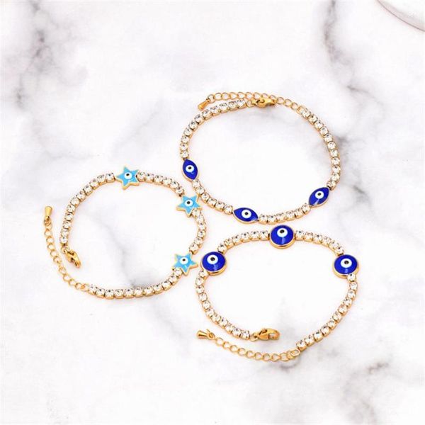Link pulseiras 316l aço inoxidável zircão oval estrela de cinco pontas circular azul olhos gota cola para mulheres moda jóias finas presente