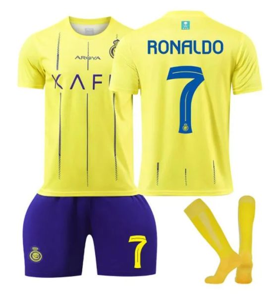 Venda quente 23 24 Al Nassr FC camisas de futebol Ronaldo Kids Kit uniforme 22 Home amarelo CR7 meninos futebol shiirt T Al-Nassr fora terceiro quarto MARTINEZ Arábia Saudita