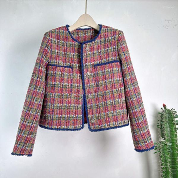 Jaquetas femininas coreano vintage vermelho xadrez tecido pequeno vento perfumado casaco outono fino single-breasted lã topo feminino casacos