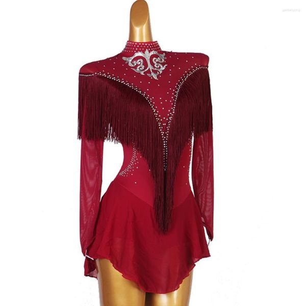 Сценическая одежда, индивидуальное винно-красное женское шифоновое платье для фигурного катания со стразами