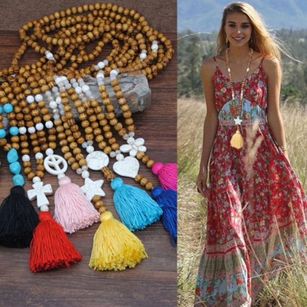 2020 Moda a catena lunga Perline di legno Gioielli Boho Donna Farfalla Cuore Stella Pendenti e ciondoli Collana nappa colorata260B