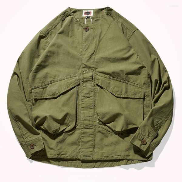 Freizeithemden für Herren, Camouflage-Frachthemd, Herrenmode, Jugend, japanisches Retro-Langarm-Gehrock, altgewaschene Tasche