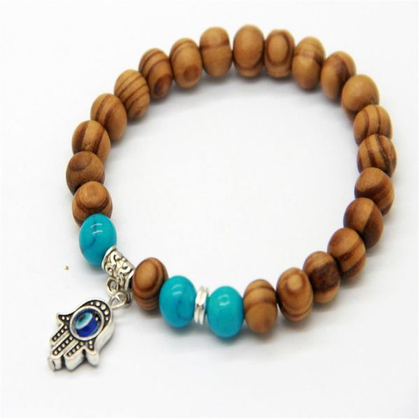 Neue Produkte Ganze Qualität 8mm Perlen Holz Perlen Fatima Hand Hamsa Günstige Armbänder Neue OM Yoga Jewelry201A