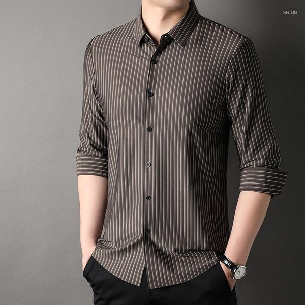 Camisas casuais masculinas sem costura vertical listrado luxo manga longa negócios único breasted primavera outono homem vestido