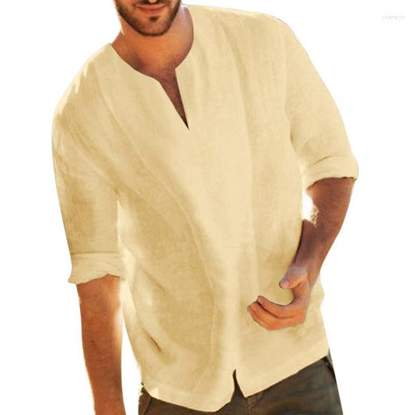 Magliette da uomo 2023 estate tinta unita casual top camicia mezza manica scollo a V design moda abbigliamento maschile