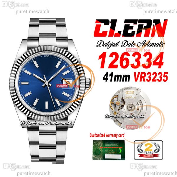 Clean Factory CF 126334 VR3235 Relógio Masculino Automático Moldura Canelada Data Azul Stick Dial 904L Pulseira de Aço Oystersteel Super Versão Puretimewatch Reloj Hombre 0001