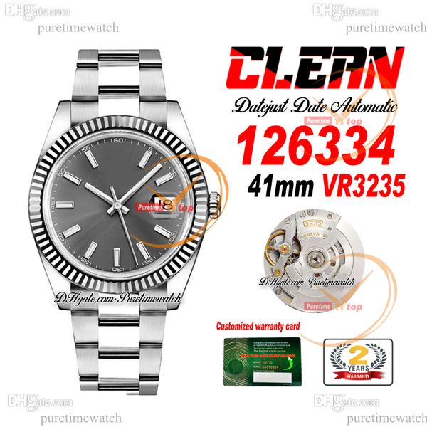 Clean Factory CF 126334 VR3235 Relógio Masculino Automático Moldura Canelada Data Cinza Stick Dial 904L Pulseira de Aço Ostra Super Versão Puretimewatch Reloj Hombre 0013