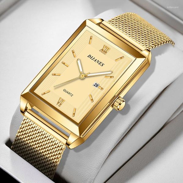 Relógios de pulso masculino calendário data esporte lazer relógio de couro luxo negócios dourado malha de aço inoxidável quartzo homem relógios