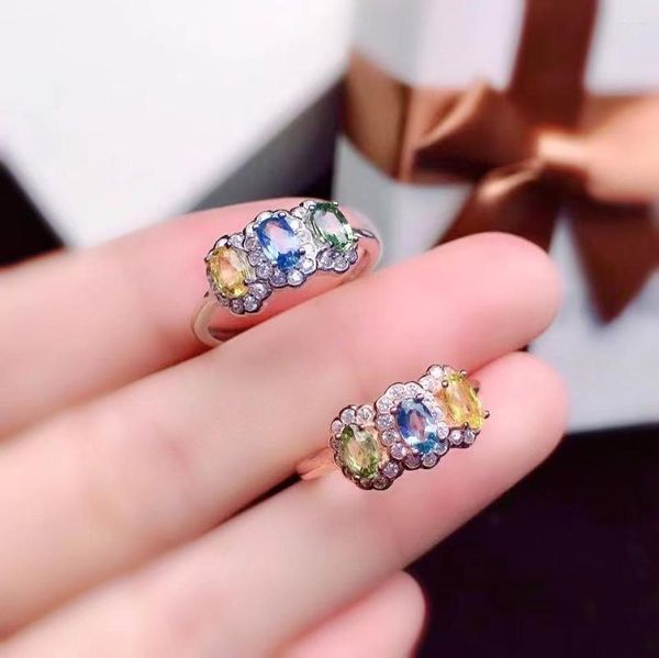 Cluster Rings Natural Multi-color Sapphire Ring For Party 3mm 5mm Real Silver Solid 925 Jewelry