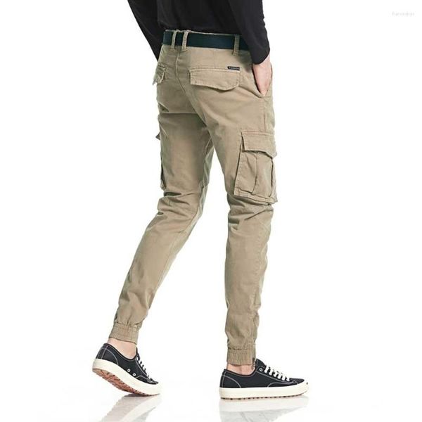 Calças masculinas moda faixa casual joggers carga streetwear magro se encaixa calças bolsos tático estilo do exército roupas