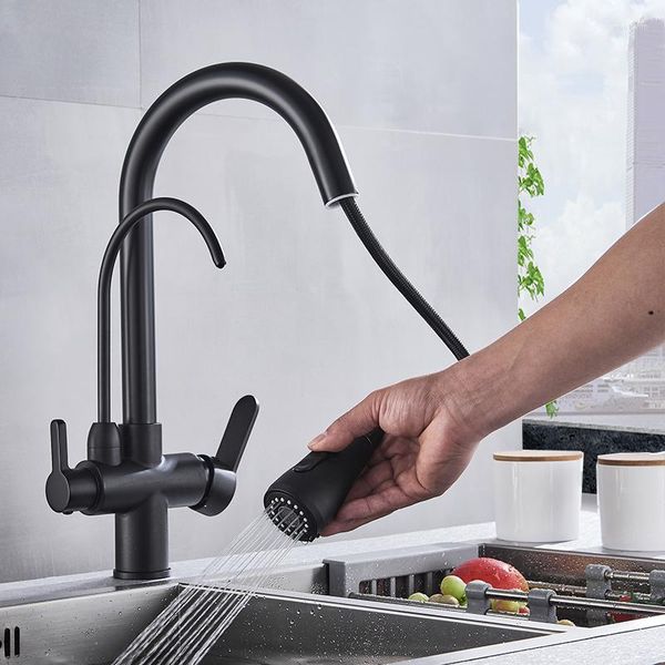 Robinets de cuisine Vidric Matte Black Robinet d'eau pure à double poignée et robinets mélangeurs extractibles pour boissons froides