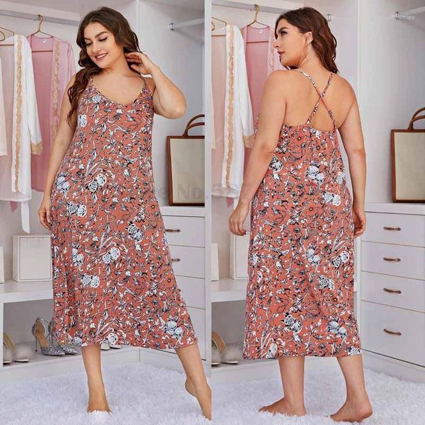 Kadın pijama artı beden 3xl 4xl nightdress samimi iç çamaşırı süspansiyon nightgown seksi sırtsız gece giyim yaz saten basılı