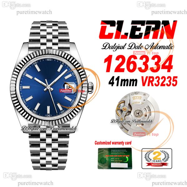 Clean Factory CF 126334 VR3235 Relógio Masculino Automático Moldura Canelada Data Azul Stick Dial 904L Jubileesteel Pulseira Super Versão Puretimewatch Reloj Hombre 0002