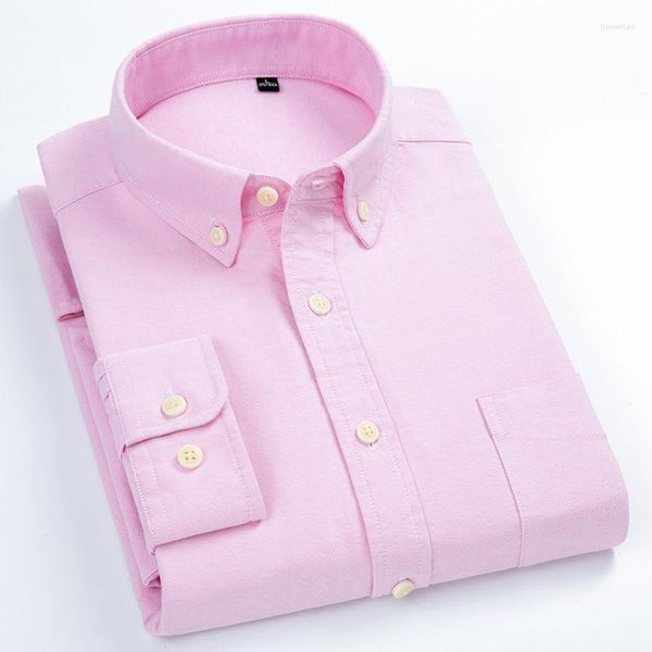 Camisas masculinas oxford sólida manga cheia remendo de algodão pesado único bolso frontal padrão-ajuste botão-para baixo colarinho trabalho camisa casual