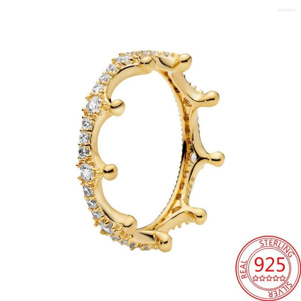 Cluster Ringe Echtes S925 Sterling Silber Gold Diamant Ring Transparent Glänzend CZ Glitzer Krone Paar Schmuck Geschenk