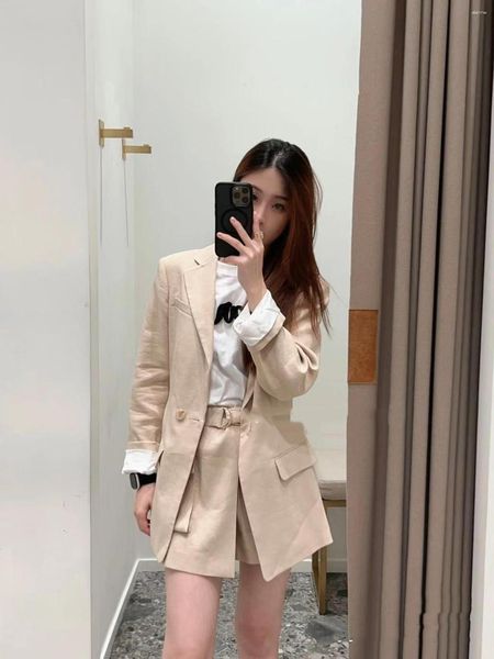 Fatos femininos mulheres 2023 outono terno lado cintura até um botão blazer ou bolsos retos shorts design britânico conjunto casual