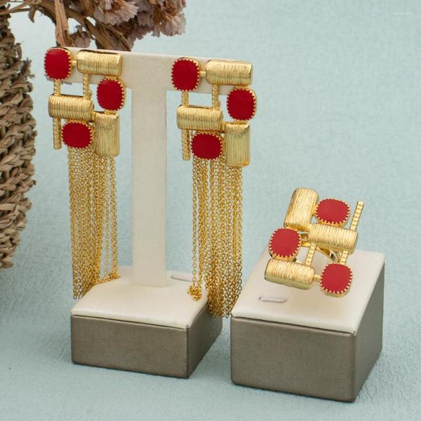 Colar brincos conjunto italiano 18k banhado a ouro e anel zircão vermelho luxo dubai retângulo jóias para mulher festa de fim de semana presente de casamento