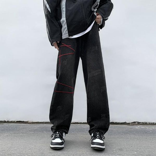 Jeans masculinos homens primavera streetwear inspirado perna larga com detalhes rasgados bolsos listrados virilha para um hop na moda