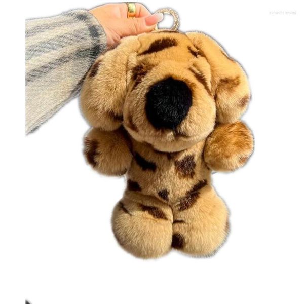 Chaveiros 27cm Altura Cão Genuíno Rex Fur Keychain Fofo Macio Animal Bonito Saco Encantos Leopardo Imprimir Presente