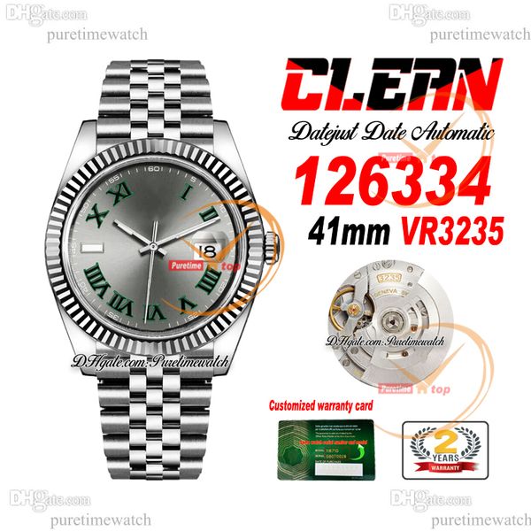 Clean Factory CF 126334 VR3235 Automatik-Herrenuhr mit geriffelter Lünette, grau-grünes römisches Zifferblatt, 904L Jubileesteel-Armband, Superversion Puretimewatch Reloj Hombre 0022