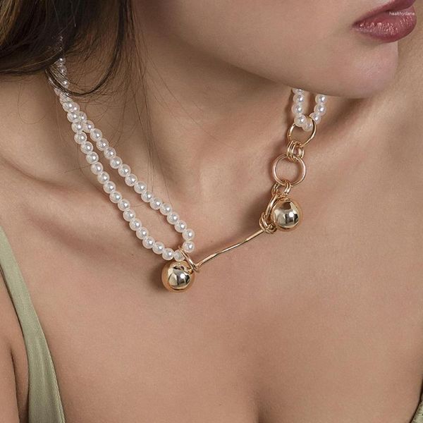 Catene Moda retrò Doppia imitazione di perle Collana impilabile per le donne Due palline dorate Gocce Brevi collane con clavicola Gioielli per banchetti