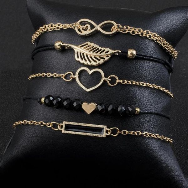 Pcs set Love Heart Infinity Symbol Charm Bracelets For Woman Gold Link Chain Hollow Feather Black Beads Braclet Girl335E