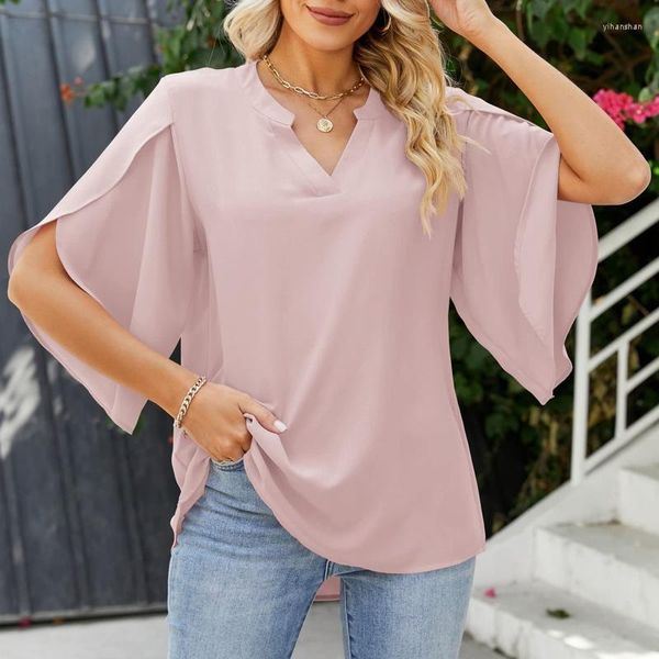 Damenblusen Sommer 2023 Blütenblattärmel V-Ausschnitt Chiffonhemd Frauen Solide Lose Elegante Bluse Frau Kurze Lässige Mode Dame Tops 27967