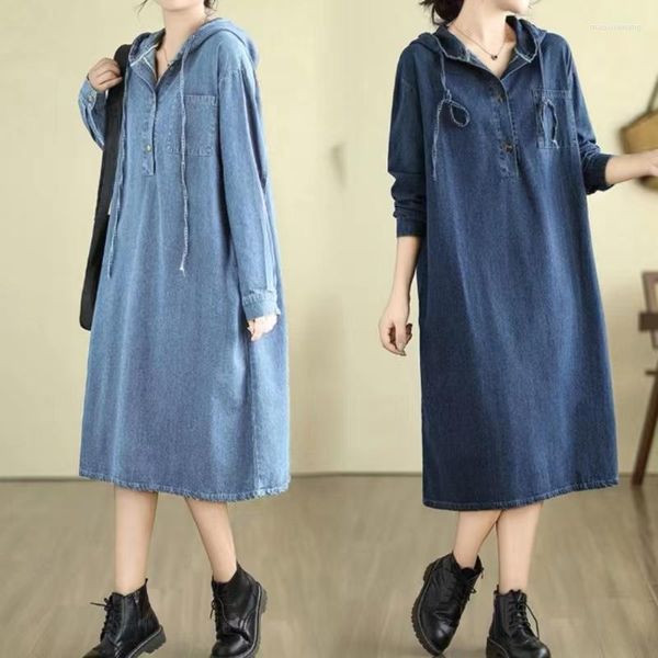 Casual Kleider Herbst Französisch Stil Denim Frauen Kleid Mit Kapuze Lose Alle-match Einfache Büro Dame Vielseitige Taste A-linie Mode Kleider