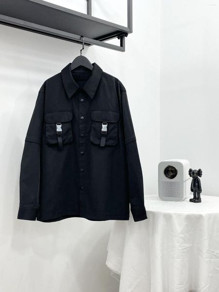 Camicie casual da uomo 2024 Giacca primaverile e autunnale Camicia stile taschino in nylon Tessuto confortevole Nero scuro Modelli di coppia selvaggia