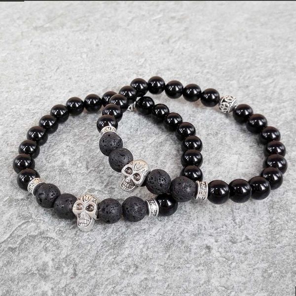 Strang KEJIALAI Einzelhandel Design Yoga Schmuck Schwarz Onyx Mit Lava Stein Perlen Armbänder Schädel Elastisch Für Männer Geschenk M-L345