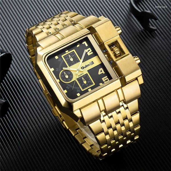 Relógios de pulso Oulm Mens Watch Homens Big Dial Militar Esporte Relógios Luxo Ouro Banda de Aço Inoxidável Quartzo Relogio Masculino 3364