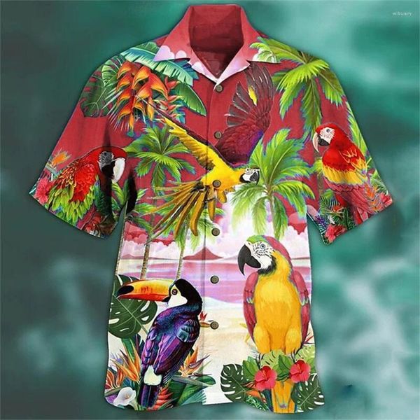 Camisas casuais masculinas moda 3d papagaio impressão de alta qualidade roupas masculinas gola cubana camisa de manga curta oversized moletom rua tops