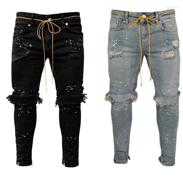 Männer Jeans Koreanische Slim Fit Männer Zerrissene Weiße Farbe Dot Mid-taille Stretch Füße Denim Lange Hosen Plus Größe