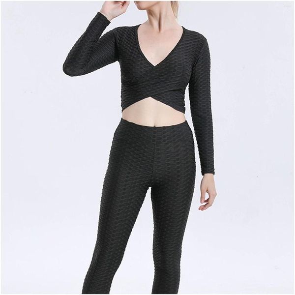 Zweiteilige Damenhose, Yoga-Outfits für Damen, 2er-Set, Trainingsanzug, nahtlos, langärmelig, bauchfreies Top, Workout, Petite, Jogginganzüge, Länge