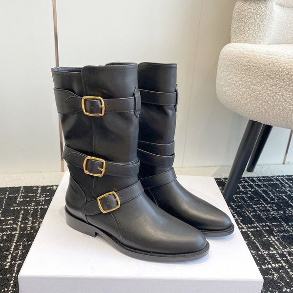 Top Quality Arc de Triomphe Couro Preto Fivela Cinta Cavaleiro Meia Botas Moda Flat Heel Mulheres Botas Motocicleta Roman Designer Botas Com Caixa