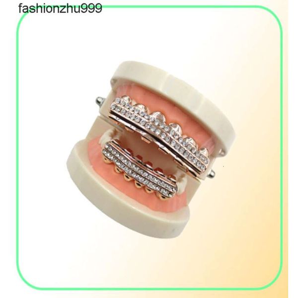 Denti da vampiro in oro reale 18 carati Fang Grillz Punk Hiphop CZ Zircone cubico Lettere da poker Ghiacciate Griglie di diamanti Bretelle Tappo per denti Rapper 7246463