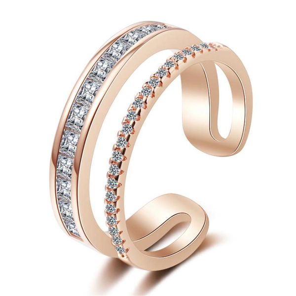 Anéis de cluster coreano simples empilhável dupla camada rosa ouro cúbico zircônia 925 prata esterlina anel de noivado ajustável para wom254u