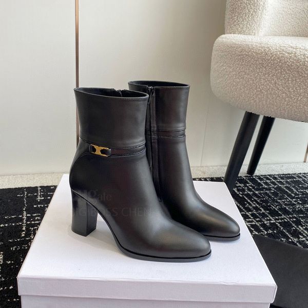 Arc de Triomphe Hochwertiges Rindsleder, klassische Stiefeletten mit hohem Absatz, 7,5 cm, modische klobige Absätze, Ritterstiefel, elegante Schuhe, Designerstiefel für Damen, Schwarz, Braun, mit Box