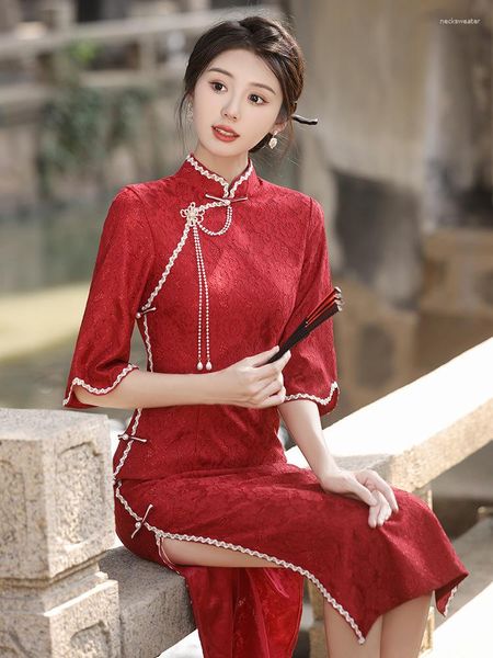 Roupas étnicas FZSLCYIYI Vermelho Vintage Flare Manga Chiffon Mulheres Qipao Chinês Mandarim Collar Femme Lace Cheongsam Vestido