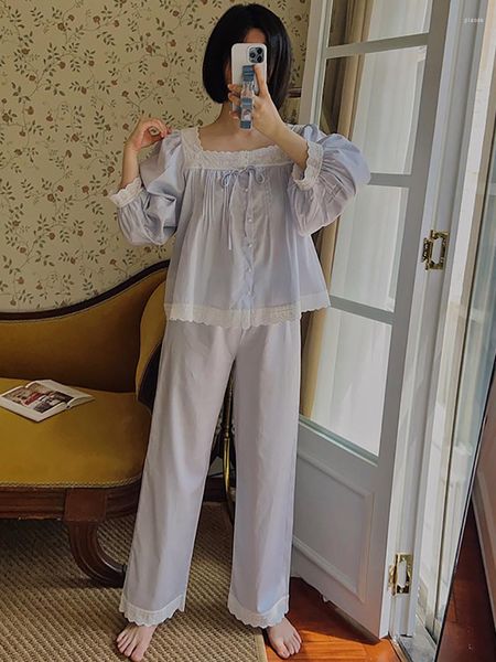 Kadın pijama kadınları Fransız tatlı kızlar prenses Victoria pijamaları peri pamuk vintage iki parçalı set uzun kollu dantel salon giyim