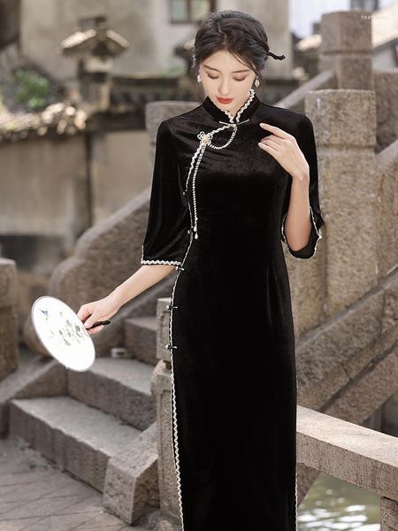 Etnik Giyim Fzslcyiyi Siyah Vintage Flare Sleeve Velor Kadınlar Qipao Çin Mandarin Yakası Femme Cheongsam Elbise