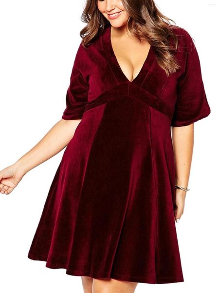 Plus Size Kleider Elegant Frühling Herbst Sexy V-Ausschnitt Samt Partykleid Damen Halbe Raglanärmel Fit Flare A-Linie Casual 6XL 7XL