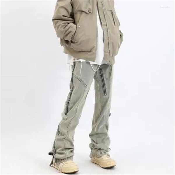 Jeans masculinos High Street Cor Sólida Botão Up Bolso Lavagem Feito Velho Calças Pernas Retas Calças Hip Hop A159