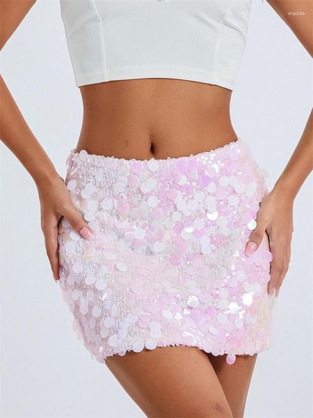 Saias Chronstyle Sexy Mulheres Sparkle Lantejoulas Festa de Verão Clubwear Glitter Bodycon Curto Mini Lápis Streetwear 2023