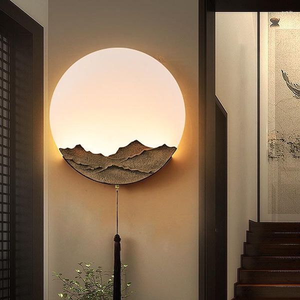 Lâmpada de parede estilo chinês resina acrílico montanha lua luminária para sala estar quarto tv fundo corredor deco